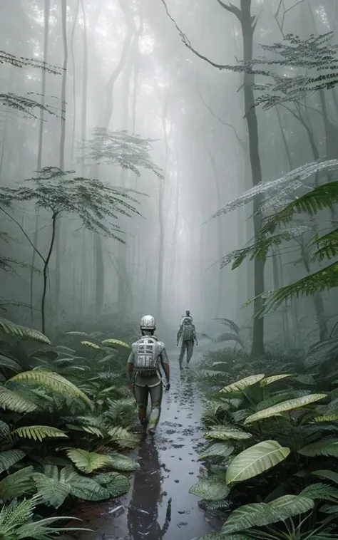 realistic analog crstal17-8000 photo, a female android walking in a magnificent silver-toned jungle, very detailed, intricate, (...