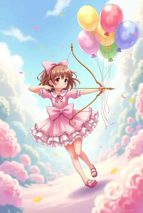 Drawing of a girl wearing an anime dress Short dress with a  using a bow to shoot helium balloons