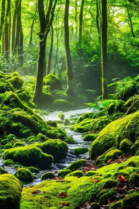 a lush green forest, dense foliage, sunbeams filtering through the leaves, mossy rocks, a small creek running through, deer peek...