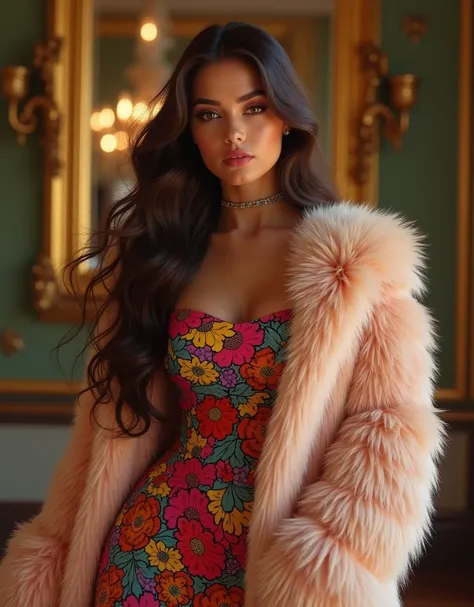 embedding: E-GME-Girls_Mansion_Blackee is a girl with long brown hair, normal hips in a colorful dress and fur coat posing for a picture looking at the viewer, wearing edgTM_style fashion, eccentric clothing, 16K, Award Winning, Best Quality, High Quality,...