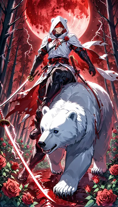 a man with a white hood with bear ears and a katana is riding a polar bear in a forest while the blood moon shines, many roses c...