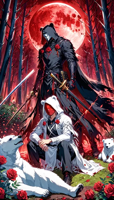 a man with a white hood with bear ears and a katana sits next to a polar bear in a forest while the blood moon shines, many rose...