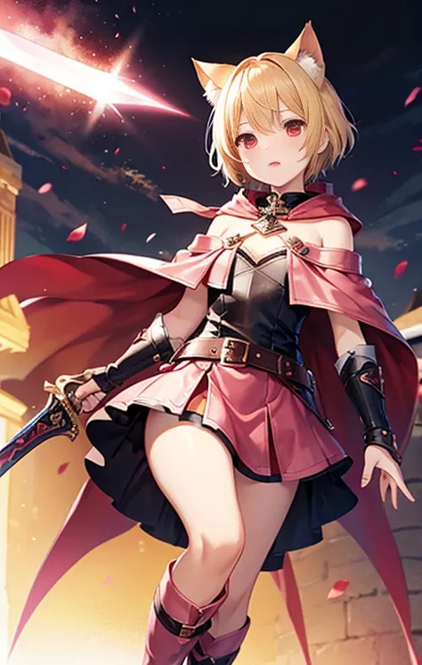 leather dress armor,blond short hair,mini skirt,pink armor,open chest,off shoulder,Pink Boots,red skirt,red eyes,cape,large sword,small cat ears