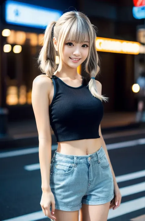 Highest quality,masterpiece,32K,Depth of written boundary、Blur the background、50mm,1 1 1.4,Professional Lighting,Cinema Lighting,Mid-range close-up shot,thin,Cute Japanese Woman,2,Contrasting,Cityscape,akihabara,Fine weather,Twin tails,Silver Hair,Tank top...