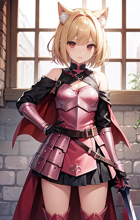 leather dress armor,blond short hair,mini skirt,pink armor,open chest,off shoulder,Pink Boots,red skirt,red eyes,cape,large sword,very small cat ears