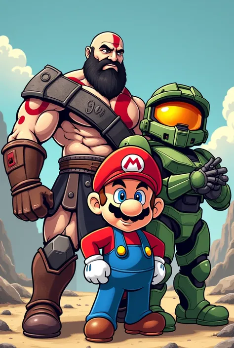 kratos, master chief and mario cartoon version