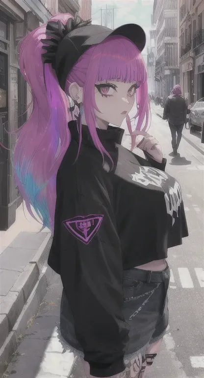 beautiful, thick juicy, goth girlfriend, holo punk hairstyle, streets , pov,