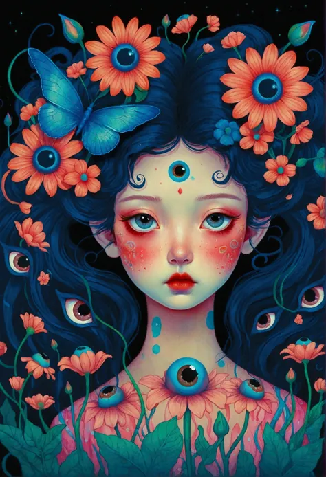 a poster，there is a flower，there are big eyes on it，surrounded by flowers, digital art inspired by marco mazzoni, winner of the ...