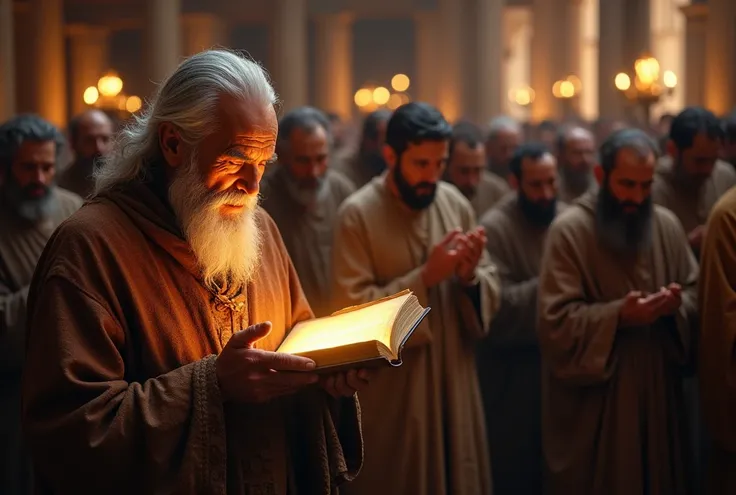 On the left side of the picture is an old man holding the luminous bible in his hands, On the right side of the picture is a many people praying (Biblical times) depth of field, Bokeh, Realism, Photorealistic, hyper-realism, professional photography, 8k hd...