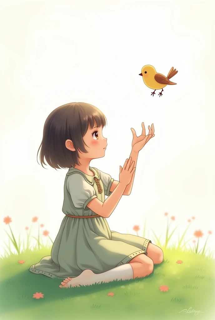 white background,cute  siting on grass,she look at the little bird,rais her hands to the little bird,little bird flying,best quality,smart frock wearing the girl