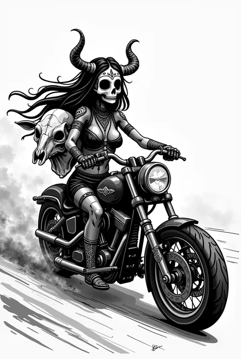 (Black and white doodle style cartoon) Holy Death, goddess, Mexican skull, carrying an ox skull on his back, riding a custom motorcycle, motorcyclist