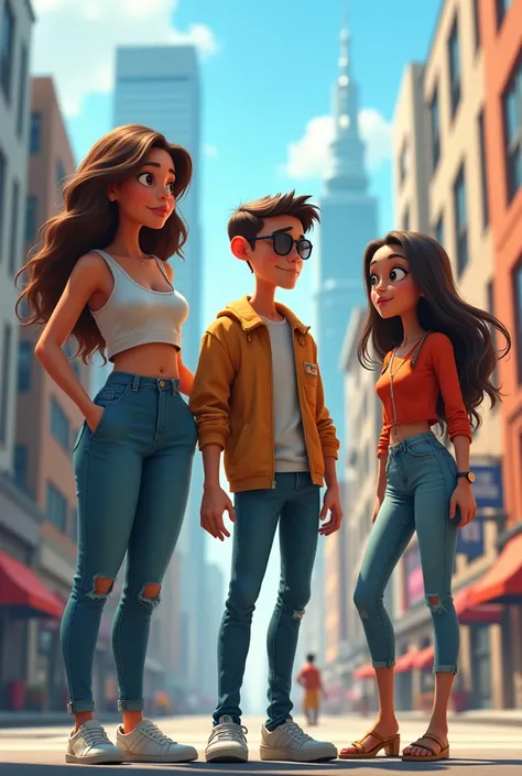 robust young woman with long brown hair jeans white sneakers,thin man short hair, white skin with sunglasses and jeans, Teenager woman with long hair and Pixar style sandals