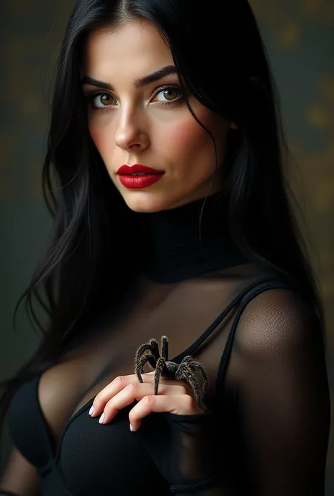 ultra realistic, photography, portrait, close-up, extreme close-up, long black straight hair, (30 years old, hazel eyes, hourglass figure, perfect fit body, slightly tanned skin, natural big breasts), red lipstick, she is wearing a tight black turtleneck t...