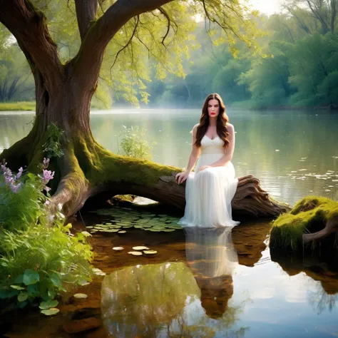 1 girl "liv tyler in heavenly white dress", ((enchanting)) pond setup, girl on one knee serene, far from the viewer ((dynamic cl...