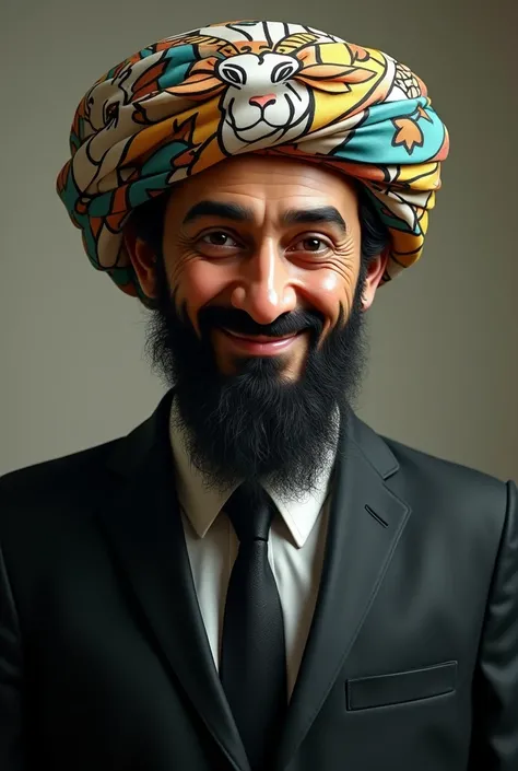 osama bin laden in black jacket, black tie and a goat design on the turban, smiling and winking