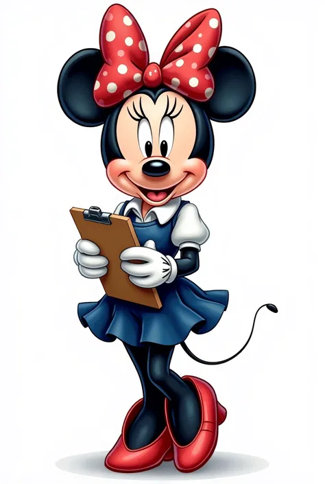 create a hand drawing of disney minnie wearing a navy blue vest and white blouse holding a clipboard, with transparent background
