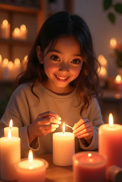 smiling girl lighting a candle with other candles