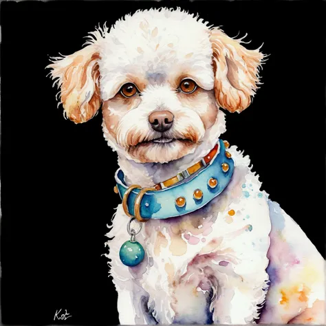 painting of a white toy poodle with a collar and a collar around its neck, painting of cute dog, detailed watercolour, painted in bright water colors, detailed watercolor, watercolour, watercolour painting, watercolor painting, rich aquarel, portrait of do...