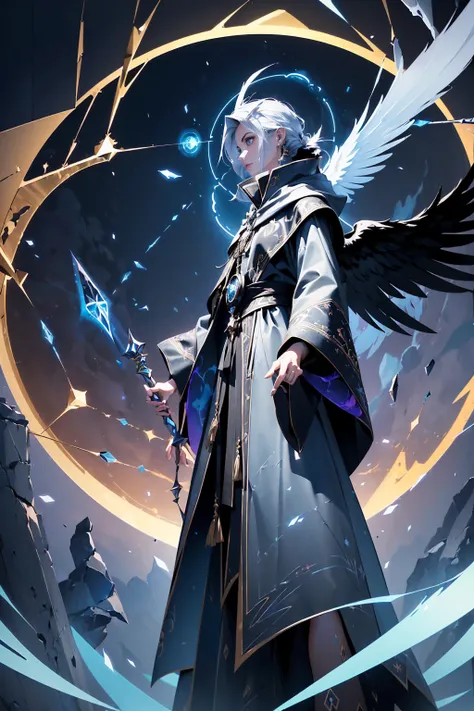 (((Epic illustration of a portal-creating wizard))), black coat, neck with plumage, sleeves with plumage, coat with arcane patterns, (earring in right ear), dark staff. (((masterpiece, 8k, HD))), ((camera from below)), (Camera looking from the left).