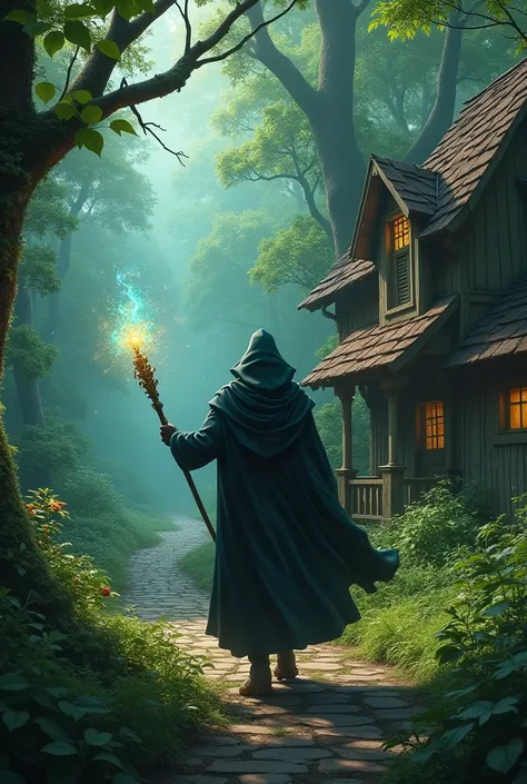 Sir acid holding a magic wand escaping to a cottage in the woods