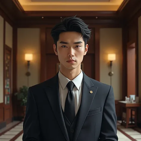 Wearing a smart suit、Stand in a prestigious location、Black-haired man , With a serious face, fit、Japanese face、Age 25、No beard.、Thin eyebrows、Real