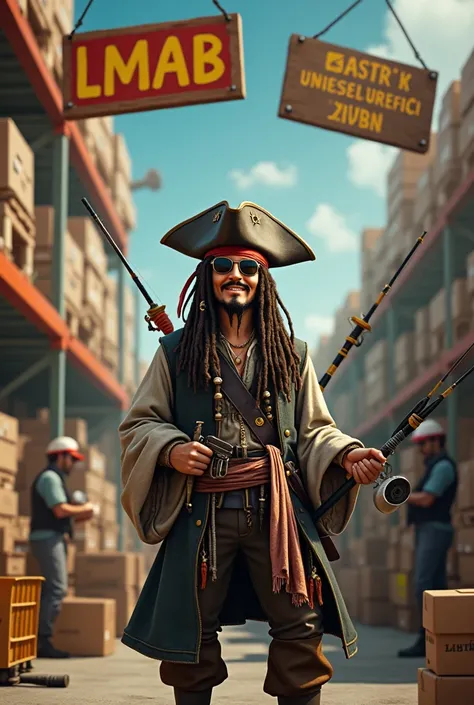 Create an image of Jack Sparrow, who is standing in front of a lot of packages and has several fishing rods and fishing equipment in his hand. 
Jack Sparrow is said to be in a returns warehouse for fishing equipment.
He should laugh in a friendly manner.  ...