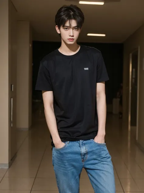 ((best quality)), ((realistic)), ((masterpiece)), (detailed), (3/4 body visable), (standing), (europan male), 20-years old male, plain black t-shirt, wearing black jeans, messy long haircut, brown eyes, school hallway, friendly pose, skinny,