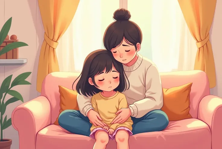 Cartoon image of parents comforting their depressed daughter, cartoon, cute cartoon, kawaii cartoon style, motherly love, cute illustration, clean anime art