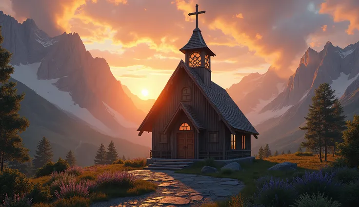 (photorealism:1.2), inside photo of a chapel set up to see a sunrise sun, light colors, in the style of mountainous vistas with huge cloud, wooden chapel, big cross in the middle, centered, storm in the background , shot on 8k red camera, still from a movi...