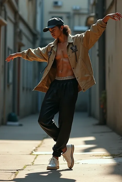 a hip hop dancer dancing ballet in hip hop clothes
