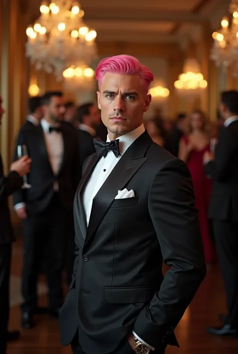 A man with light pink hair in a smart suit and at a fancy party 