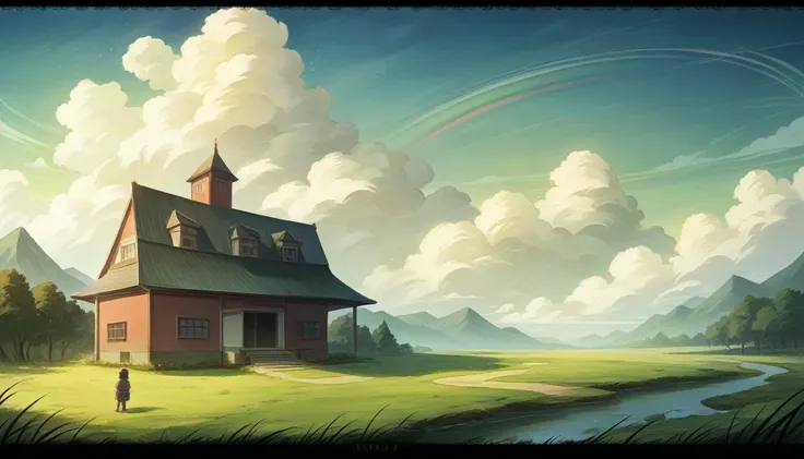 a picture of a house in the middle of a field under a cloudy sky, a digital painting inspired by Atey Ghailan, trending on Artstation, magical realism, anime art wallpaper 4k, anime art wallpaper 4 k, anime art wallpaper 8 k, anime background art, beautifu...