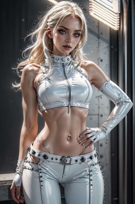 cowboy shot,a pretty 2 girl,blond hair,blue eyes,lora_Emma,slim athletic body,thin waist,(shiny ultra glossy white latex crop top),bare shoulders,(shiny ultra glossy white latex pants with multiple zippers),(((long navel piercing))),white studded collar,em...