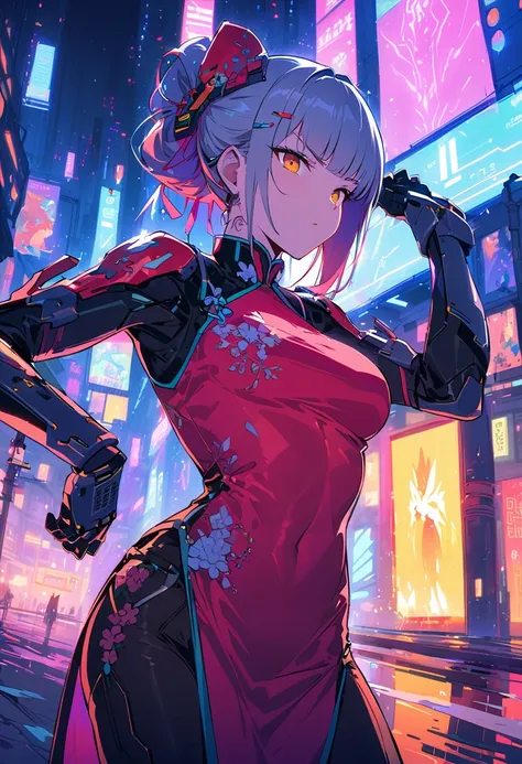 (best quality), (ultrafein), (​masterpiece), Illustration, a girl,China-Costume,cyberpunk, （cyberpunk，China-Costume，Cybernetic implants），Hair Accessories, bright colours，dynamic lighting，neon lights，shining city skyline，holographic projection，Fashionable c...