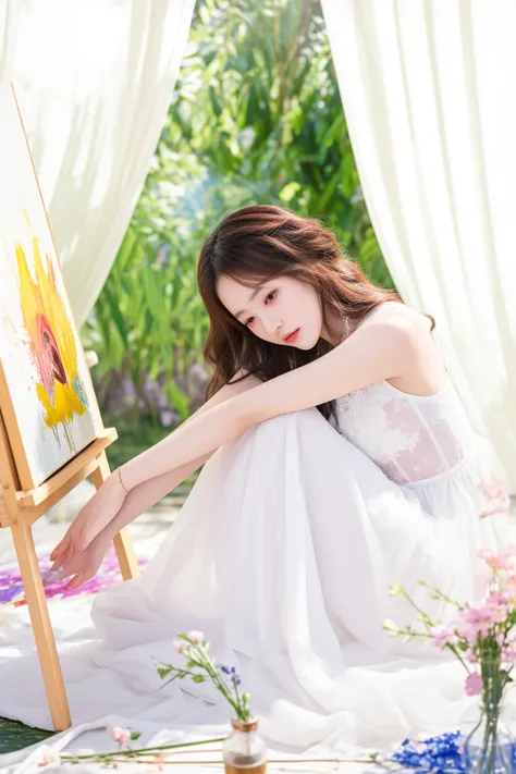 woman sitting on the ground with a painting on easel, korean artist, portrait image, art work, sun yunjoo, jia, inspired by Huang Ji, ethereal beauty, photo taken with nikon d750, photo taken with nikon d 7 5 0, captured on canon eos r 6, dreamy scene, pho...