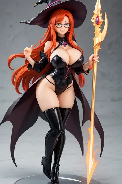 figure of a big breast witch, sweaty cleavage, redhead, sexy electric dress, magic scepter, glasses, smile