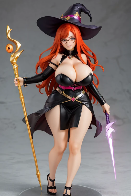 figure of a big breast witch, sweaty cleavage, redhead, sexy electric dress, magic scepter, glasses, smile