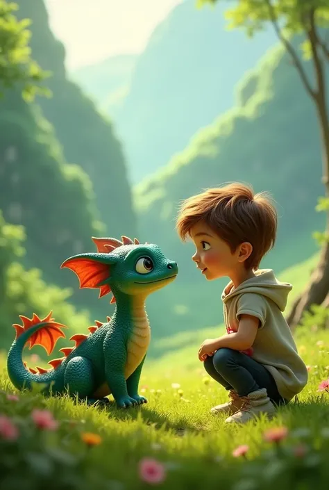 The baby dragon gazing up at Timmy with big, round eyes and letting out a gentle roar.same child and same dragon"3d animated, Disney style