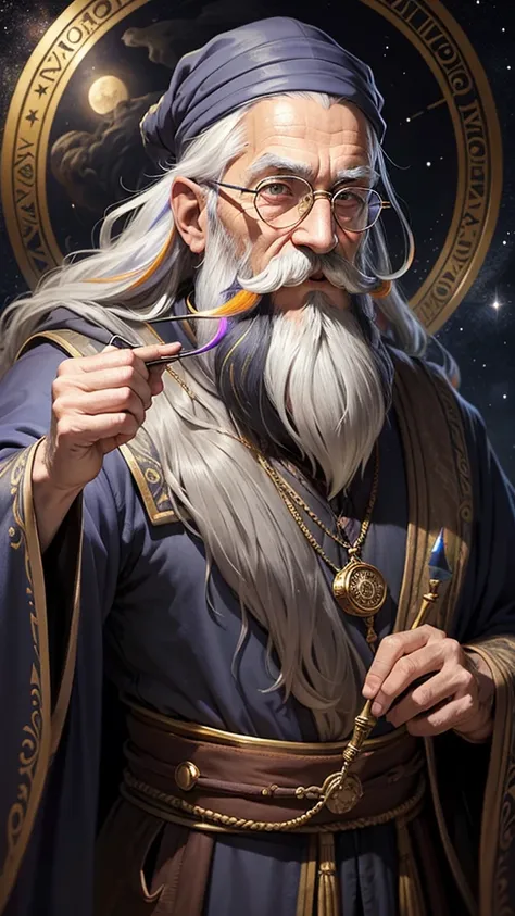 An old gray-haired astrologer wizard with a long beard, with multi-colored mustaches, in round glasses and Merlin&#39;s pointed hat, in blue robes with a starry sheen and magical glow, surrounded by astronomical objects