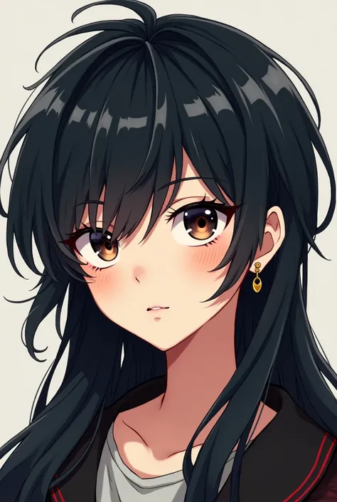 An anime image of a young mixed-race boy with long black hair, dark circles and earrings in his ears