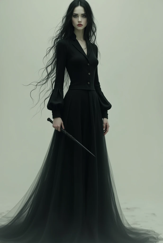 Generates the image of an 1 girl,   thin and structural body, White skin, long black hair, black eyes, dark look, Whole body, tom riddle&#39;s girlfriend, , with a long black dress with long sleeves, with a wand in his hand.