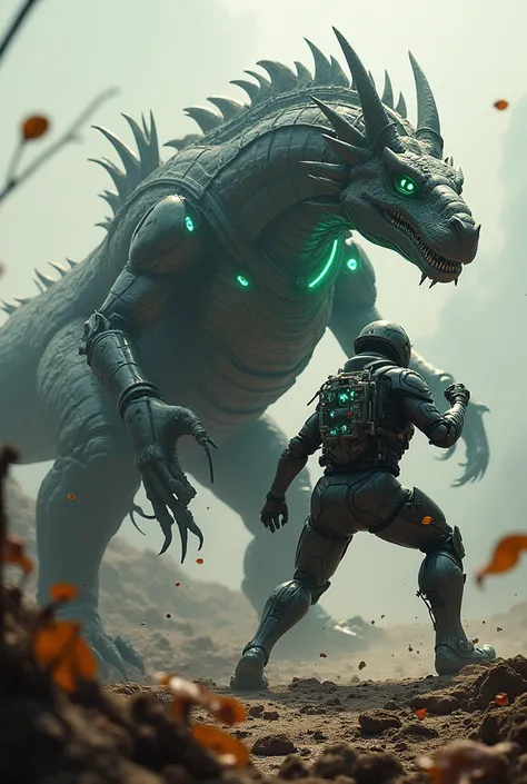 Giant dragon wear robot suit with green neon light . Fight with rhinoceros crocodile hybrid wear robotic suit with blue neon light . In morning at dinosaur land