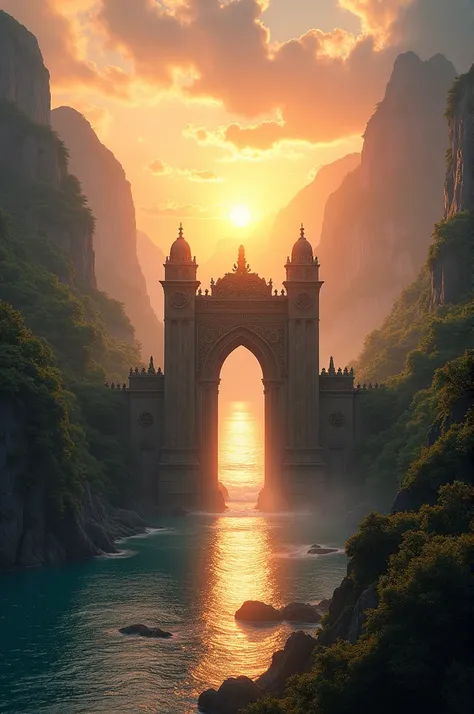 A beautiful kingdom nestled between two towering mountains, with a serene sea on one side, captured at sunset. The kingdom is entered through a grand, majestic gate, which stands tall and imposing at the entrance. The gate is intricately designed with orna...