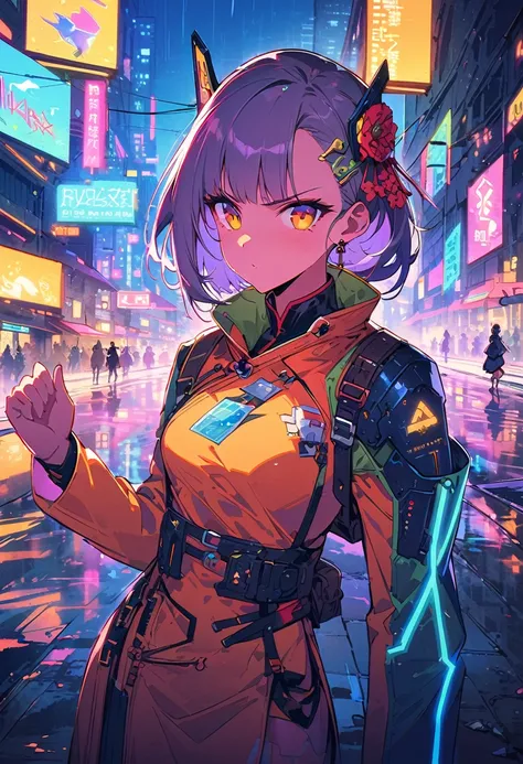 (best quality), (ultrafein), (​masterpiece), Illustration, a girl,China-Costume,cyberpunk, （cyberpunk，China-Costume，Cybernetic implants），Hair Accessories, bright colours，dynamic lighting，neon lights，shining city skyline，holographic projection，Fashionable c...