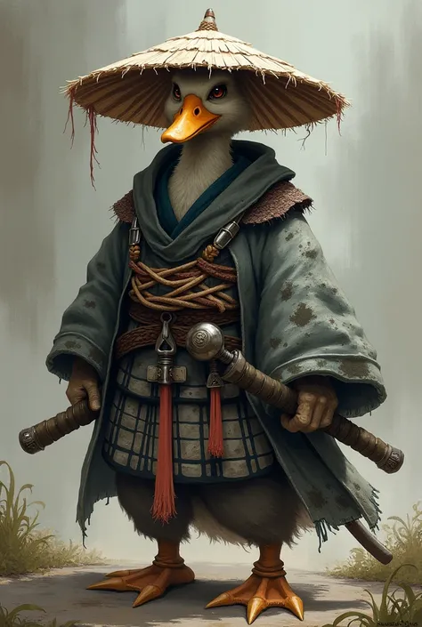 A old grey samurai duck with a tattered cloak, two sheathed blades and a straw hat