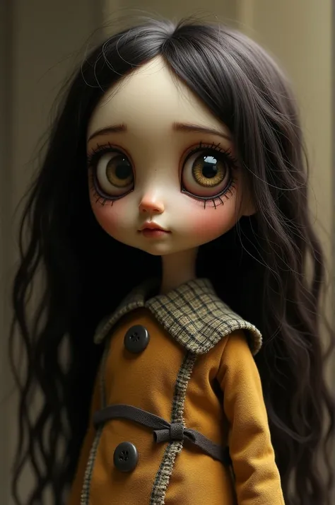 An image of a doll in the style of the movie Coraline with these characteristics: dark brown wavy hair, button eyes, light brown skin, clothes like the coraline doll 
