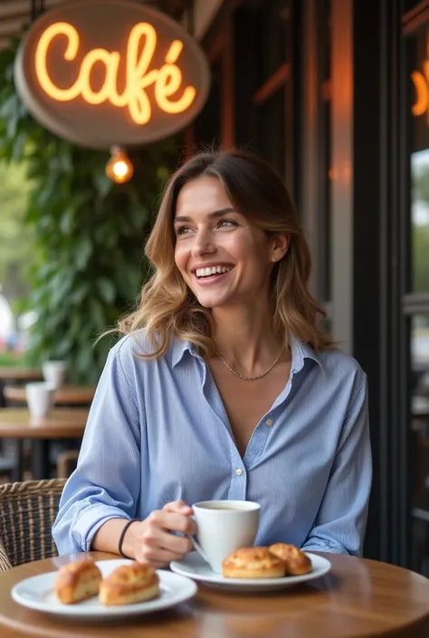 A woman wearing a blue and white striped shirt is sitting at an outdoor café table, enjoying coffee and pastries. In the background, there’s a sign with the café’s name. The scene exudes a casual and relaxed atmosphere.