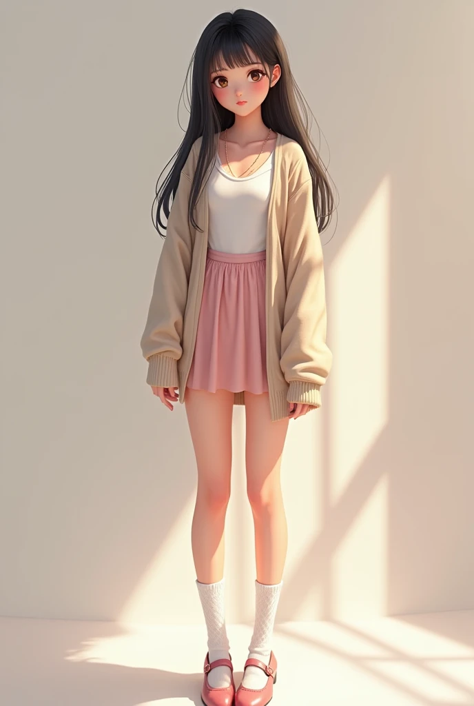 Shes wearing a white top inside and a cardigan on top , she has a light pink skirt on with white socks and white leg warmers with some cute pink shoes which also has some heels. She is not too tall maybe 52 and she had long black silky hair. She isnt too c...