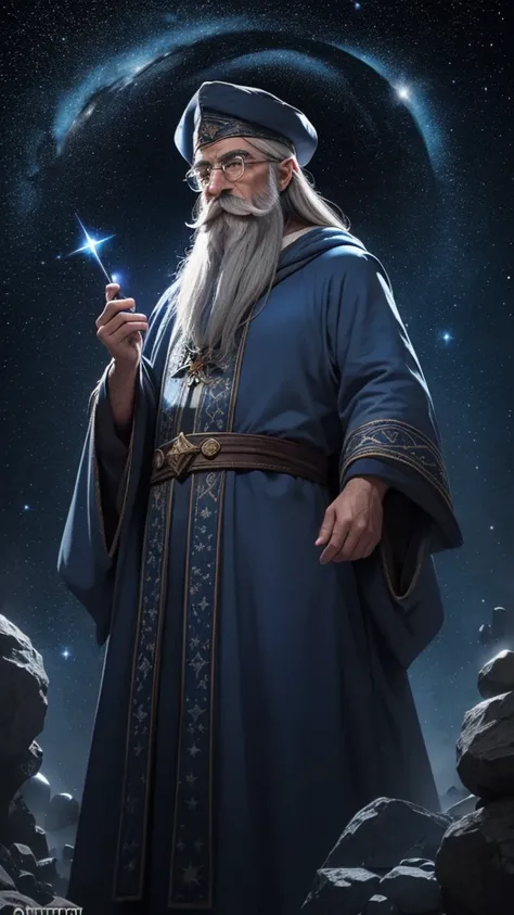 An old gray-haired stargazer wizard with a long beard, multicolored mustache, round glasses and a pointed Merlin hat, in blue robes with a starry tint and magical glow surrounded by astronomical objects, similar to Khadgar from Warcraft