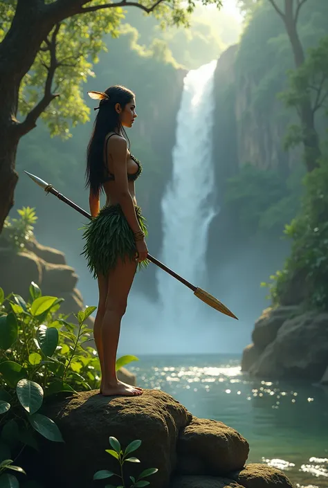 Cabocla Jacira, a thin adult woman with long, straight hair, wearing a small skirt of leaves and a top with a single feather on her head and holding a spear, at a forest, on top of a small rock looking at a waterfall